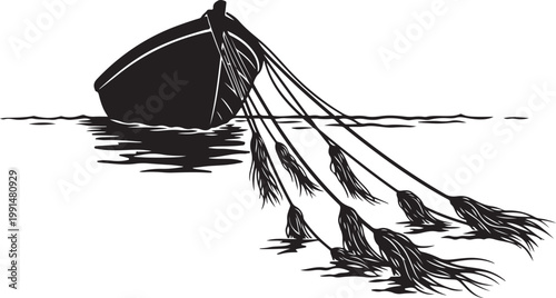 Fishing boat, fishing net, vector illustration, black and white, nautical, fishing gear, sea