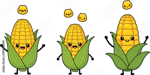 Cute corn characters with smiling faces illustration, kawaii maize mascots with leaves and kernels, playful vegetable cartoon vector for healthy food and kids design