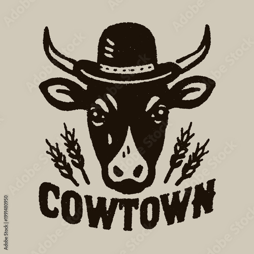 Funny vintage cow illustration with hat and wheat for Cowtown t-shirt design