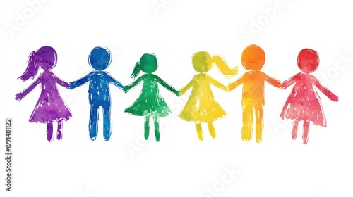 Five colorful stick figures hold hands in a row. The figures represent children, with varying skin tones and hairstyles.