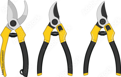 Garden pruning shears set illustration, hand tools for cutting plants and branches, professional secateurs collection, agriculture and gardening equipment vector design