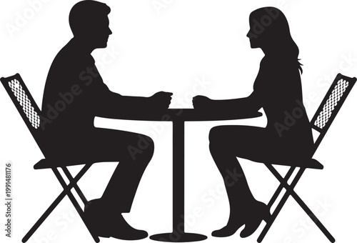 Silhouette of a couple having a coffee date at a table.  Conversation or Dating Scene Vector.