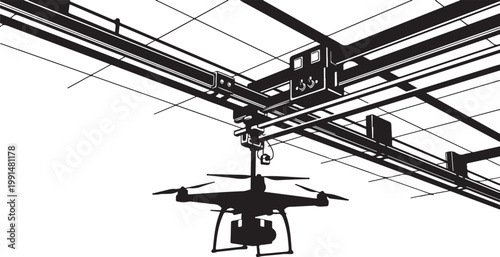 Industrial drone, warehouse drone, aerial robot, black and white vector