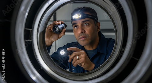 Man in blue uniform looking through washing machine door with flashlight
