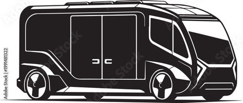Futuristic camper van, modern RV, black and white vector, transportation, travel trailer