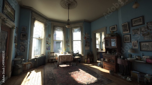 Interior view reveals a sunlit, lived-in apartment room with antique furnishings and blue walls