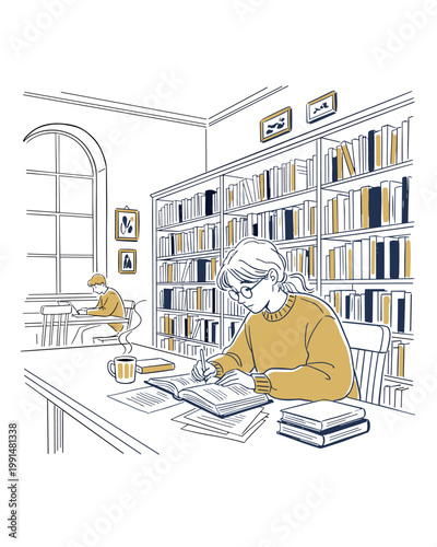 Schilderij op canvas Minimalist Illustration of Students Studying in a Classic Library