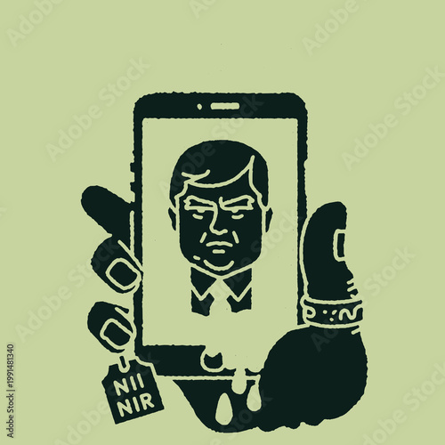 Funny vintage print of a smartphone with a comical character, perfect for a quirky t-shirt design capturing humor and nostalgia