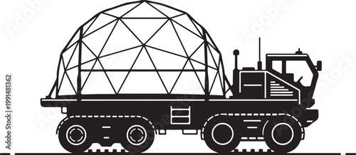 Geometric dome, futuristic truck, black and white, vehicle, transportation, geodesic structure