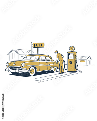 Retro Illustration of a Classic Car at a Gas Station