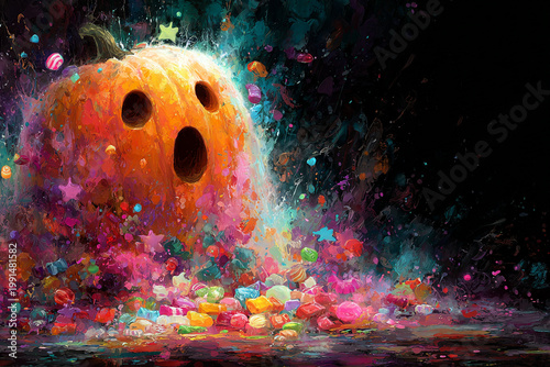 Impressionist oil painting of a glowing Halloween pumpkin surrounded by a mountain of colorful sweets and vibrant, magical light effects.