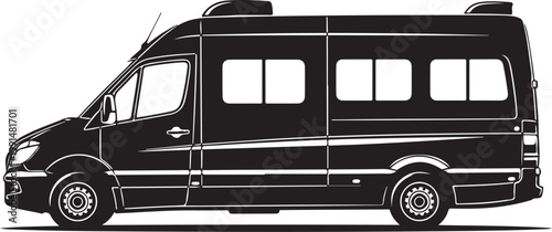 Black camper van, motorhome silhouette, travel vehicle, transportation icon