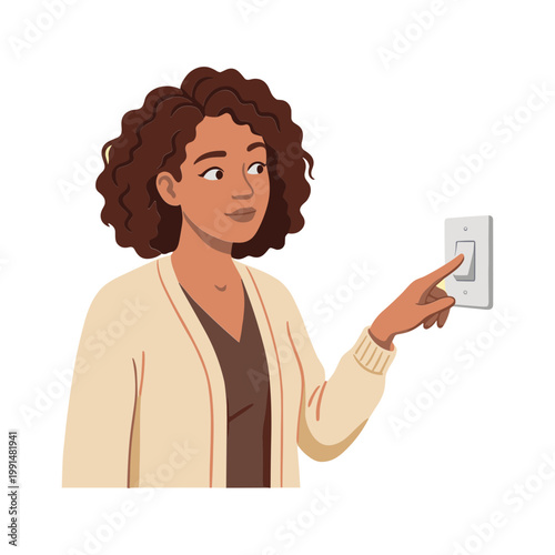 A woman interacts with a light switch indoors.