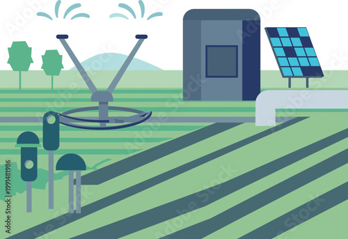 A solar panel installation generates power for an automated irrigation system in a green agricultural field with solar panels and machinery.