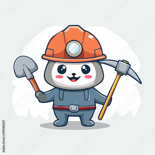 Cute cartoon panda miner with shovel and pickaxe