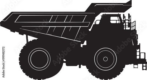 Heavy duty dump truck, mining vehicle, industrial equipment, black silhouette
