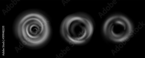 Air fan vortex set. Vector transparent wind swirl. White spiral smoke flow