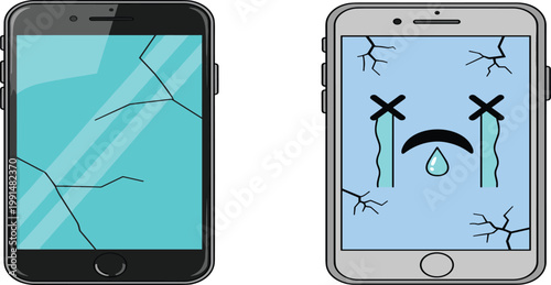 Broken smartphone screen with cracks and sad face display illustration, damaged mobile phone concept, repair service, device failure and technology problem vector design