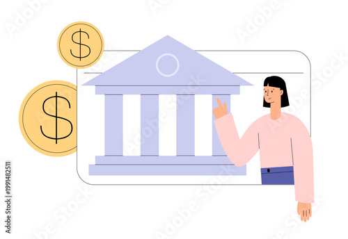 Online banking concept with person and bank building icon. Financial services, money management and digital finance. Flat vector illustration