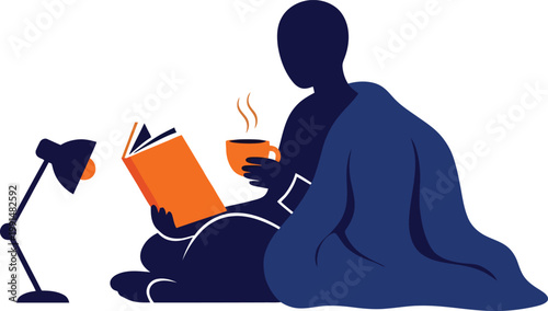 Cozy evening reading vector illustration, person enjoying a book and hot drink under a blanket, relaxing night activity graphic, comfortable lifestyle concept