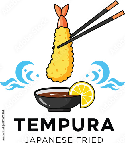 Crispy golden tempura shrimp, a delicious Japanese fried seafood dish, served with a savory dipping sauce and fresh lemon slice, perfect for Asian cuisine menus and food illustrations.
