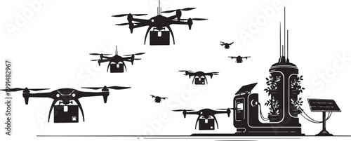 Drone, drones flying, aerial, surveillance, black and white, vector icons, 8 drone shapes