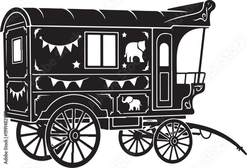 Vintage caravan, gypsy wagon, black illustration, travel trailer, decorative vehicle
