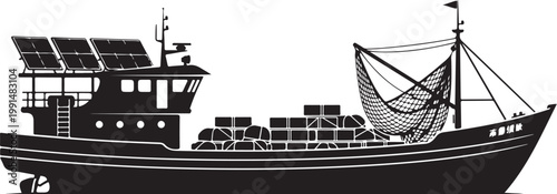Cargo ship, freight boat, solar powered vessel, black silhouette, vector illustration