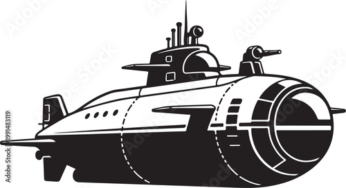 Black submarine vector, underwater vehicle illustration, ocean explorer graphic, nautical icon