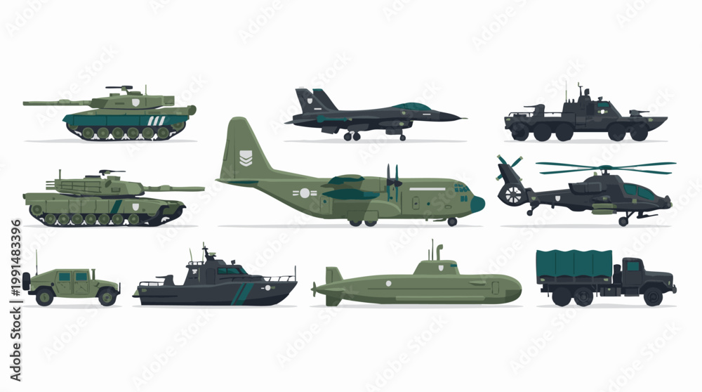 Fototapeta premium Flat vector illustration set of modern military vehicles and transport