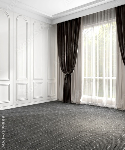 Clean empty room with white wainscot wall in sunlight from sheer, black brown blackout curtain window with tree on gray carpet floor for interior design decoration, architecture, product background 3D