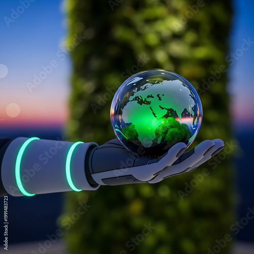 Futuristic robotic hand delicately holds a glowing green earth, symbolizing innovative technology's vital role in global sustainability and environmental preservation