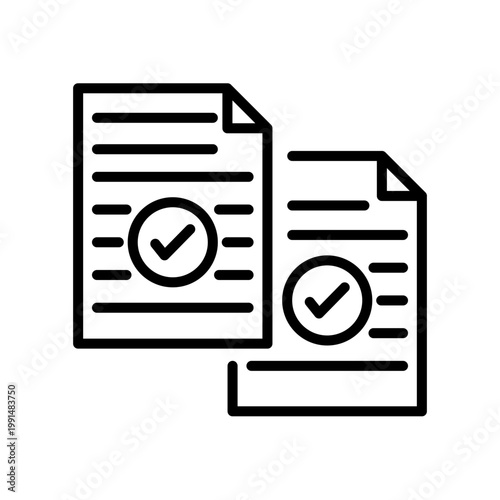 Minimalist line art icon representing two approved documents with checkmarks on a white background