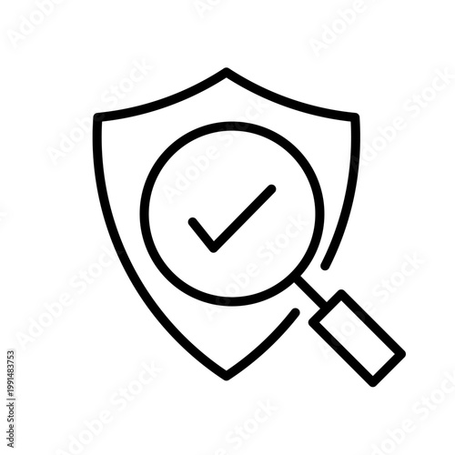 Minimalist black line icon featuring a magnifying glass with a checkmark over a protective shield