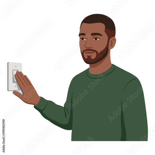 A man with a beard flips a light switch with his right hand.