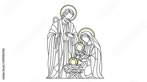Detailed line art of the holy family featuring Mary, Joseph, and baby Jesus with gold halos for a traditional Christmas holiday theme.