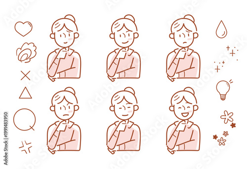 考える・悩むポーズの女性の表情パターン6種セット