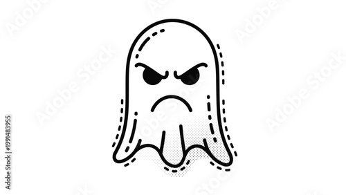 Grumpy looking ghost icon with an angry facial expression and dashed line outlines for a spooky or humorous Halloween design.