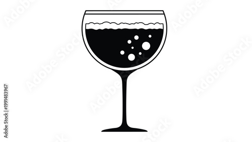 Simple black and white illustration of a glass of dark liquid with bubbles and white foam on top against a plain white background.