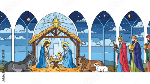 Vibrant nativity scene illustration with the holy family in a stable being visited by the three kings under a starry night sky.