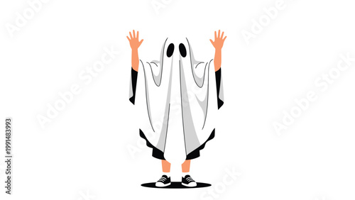 Person wearing a white ghost sheet costume with two black eye holes and hands raised up while wearing black and white sneakers.