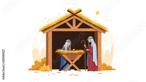 Peaceful nativity scene depicting Mary and Joseph watching over the baby Jesus in a wooden manger inside a simple thatched roof stable.