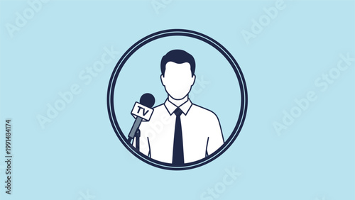 Circular icon depicts a male news anchor wearing a shirt and tie standing behind a television microphone in professional attire.