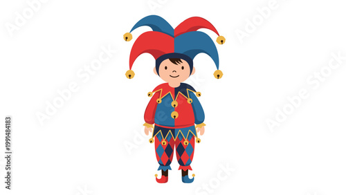 Cheerful young jester boy wears a colorful red and blue hat with golden bells and a matching patterned harlequin costume.