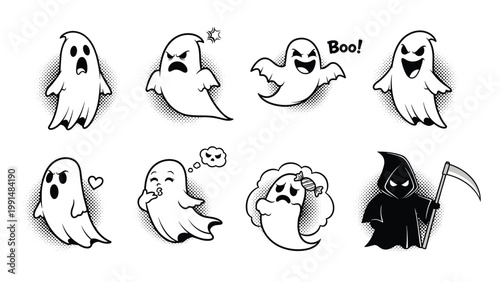 Set of expressive ghost characters showing various emotions and a grim reaper figure in a dark cloak holding a sharp scythe.