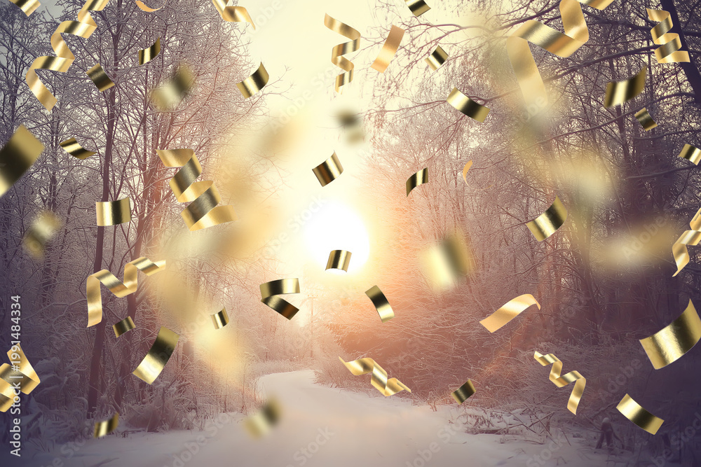 Fototapeta premium christmas confetti holiday background, winter landscape outdoor, new year