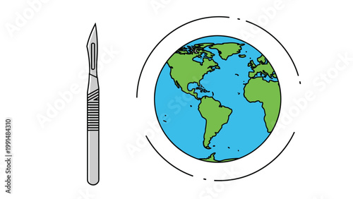 Medical scalpel is shown next to an illustration of the earth globe to represent global health, surgery, and worldwide medical care.