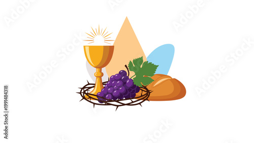 Religious symbols including a golden chalice, purple grapes, crown of thorns, and bread are arranged together for communion or easter.