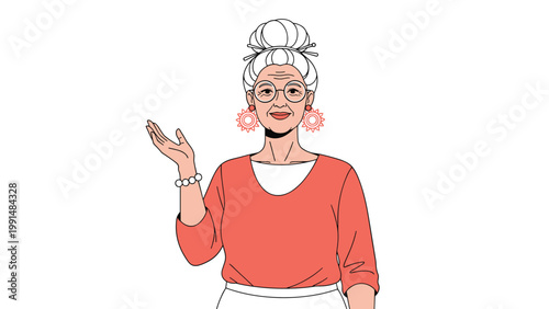 Fashionable elderly woman with grey hair in a bun wears glasses and coral jewelry while gesturing with one hand toward the side.