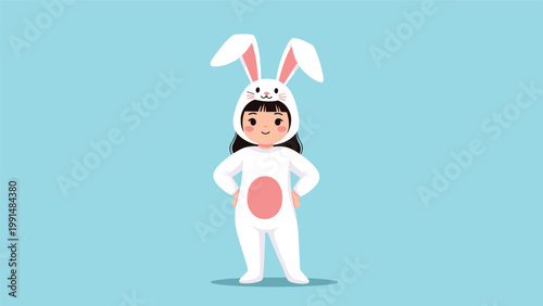 Young girl dressed in a white and pink bunny rabbit costume stands against a blue background for a theme of easter or play.